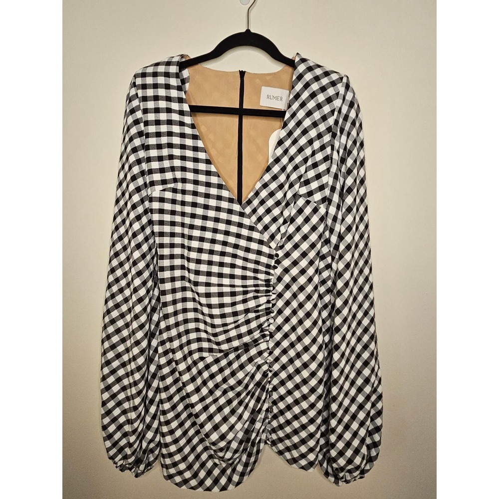 Revolve Rumer Bisou Ginham Mini Dress Rouched Long Sleeve Blacck Size Small